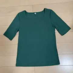 ユニクロ Tシャツ リブ　スクエアネック　S ブルー　サックス　くすみグリーン