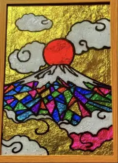 富士山ステンドグラスハンドメイド開運絵画金運アート犬猫沖縄イラスト手書き風景画
