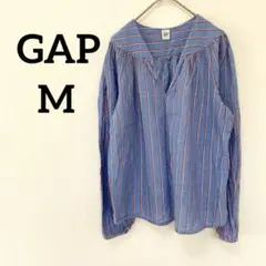 GAP 【M】長袖シャツ Vネック ストライプ ブルー　レッド コットン100