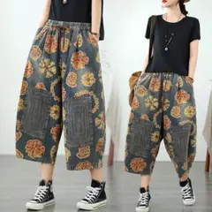 新品 オシャレデザイン 夏物 プリント デニム ジーパン ゆったり 切り替
