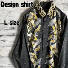 VINTAGE　柄シャツ　ポリシャツ　アートデザイン　長袖　奇抜　メンズL　黒