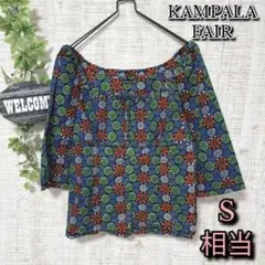【KAMPALA FAIR】トップス アフリカン柄 カットソー 七分袖 ブルー