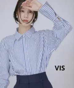 VIS 袖スリットパール釦付きロングカフスシャツ ストライプ
