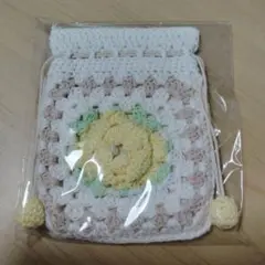 【9月限定販売】バラのかぎ針編み巾着袋(内布あり)　イエロー