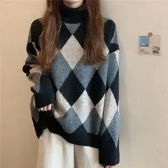 アーガイル チェック タートルネック ニット セーター ブラック