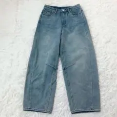 SHINY ワイドデニムパンツ　コクーンシルエ　裏ボア バレルレッグ　防寒 L