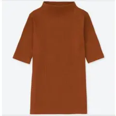 ユニクロ リブハイネックT 5分袖 UNIQLO ブラウン Мサイズ