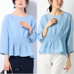 美品✨23区×LIBECO✨M✨洗える✨シャーリング✨ブラウス✨スカイブルー青✨