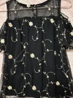 花柄刺繍 シースルーブラックトップス 半袖