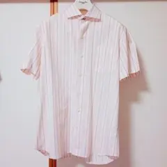 PRANDI プランディ　メンズ半袖シャツ　ピンク×ベージュ　ストライプ