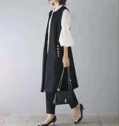 ポケットパール付 ジレ ロングジレ 羽織り ネイビー frene 夏 オフィス