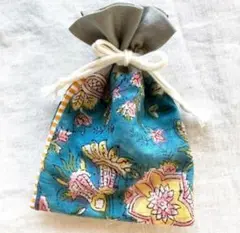 青 緑 黄 ꕥ ハンドメイド 巾着 ポーチ　インド綿