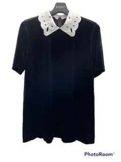 フォクシー foxey 白襟 ストレッチベロア トップス ブラウス 黒