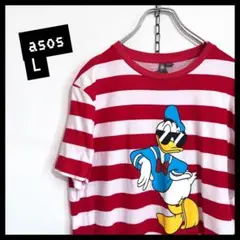US古着/L ドナルドダック ディズニー ボーダー 赤 白 半袖Tシャツ メンズ