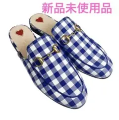 新品 GUCCI ホースビットフラットサンダル 37.5 ギンガムチェックブルー