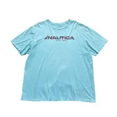 7TSM4【NAUTICA】ロゴプリント　半袖Tシャツ　2XL 水色　古着