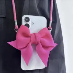 リボン iPhone ショルダー ストラップ ピンク・黒 2個セット バラ売り可