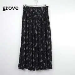 grove 花柄プリーツ ワイドパンツ 黒×白 Sサイズ 軽やか 春夏