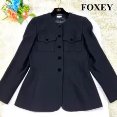 フォクシー ノーカラージャケットコート ウール 美シルエット 黒 40 L
