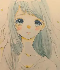 日本の女の子23　でかTシャツ　手描きイラスト　オリジナル　アナログ　原画　色紙
