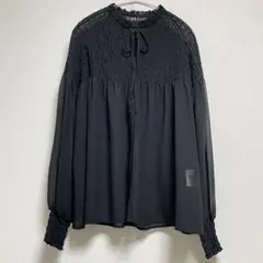 MS3 シフォン　シャーリングデザインブラウス　黒【L】