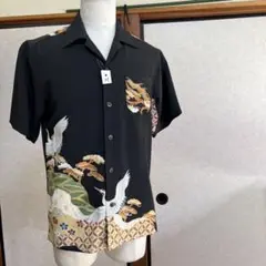 鶴と波の柄 Mサイズ アロハシャツ着物リメイク！