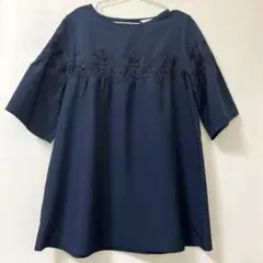 3can4on ネイビー　レース　刺繍風　チュニック 五分袖 L 大きめ