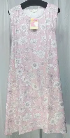 サマーホームドレス 白&ピンク ストライプ柄に花柄デザイン フリーサイズ ⑦