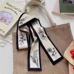 ＜新品未使用＞スカーフ 刺繍 フラワー 白 黒 バッグスカーフ リボン