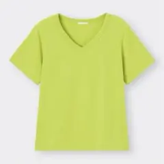 ジーユー　コットンVネックT(半袖)+E 綿100% 半袖Tシャツ（S）黄緑色