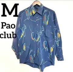 【美品】Pao club かりゆし 長袖 シャツ M 個性的 抽象柄 ネイビー