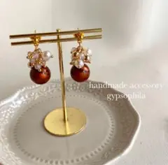 【No.156】ハンドメイドピアス、イヤリング、ブラウン、パールジャラ