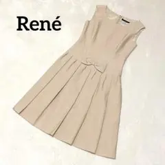 87 【美品】ルネ ノースリーブ フレア ワンピース ベージュ 34 リボン