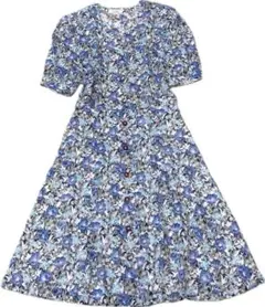 Leilian レリアン 花柄シャツワンピース 半袖 総柄 ブルー 日本製
