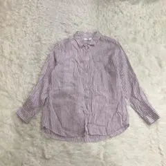 美品　ユニクロ　プレミアムリネンストライプシャツ　オールリネン　白パープル　XL