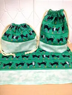 お弁当袋類3点セット　ハンドメイド　ローラースケートの猫柄　緑色　 男の子用