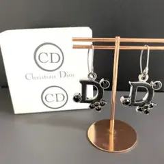 美品★ディオール Dior レザー ロゴ ピアス ストーン 希少 ヴィンテージ