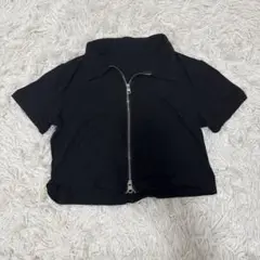 ブラック ジッパー付きショート丈ポロシャツ