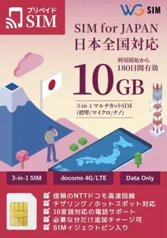 【NTT docomo プリペイドSIMカード】10GB 180日間