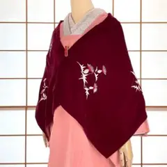 ベルベット 刺繍 ショール 花柄 アンティーク着物 B-0451