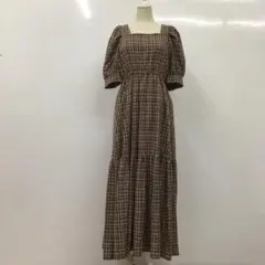 ブラウンチェック ロングワンピース 半袖