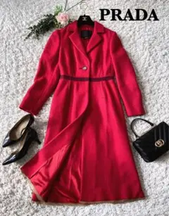 美品✨プラダ PRADA★綺麗色赤★ラムウール100%・ロングコート 40