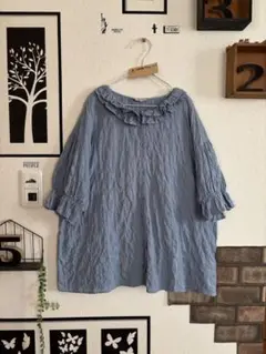 美品★フリル2枚重ね襟ブラウス＊サックスブルー