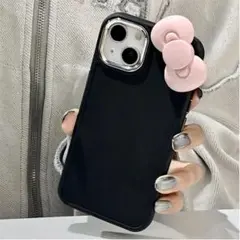 リボン装飾アイフォンケース,iPhone13,シリコン,ブラック,黒色,AHe