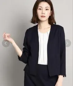 美品　クードシャンス　リネンライクストレッチ パンツスーツ　ノーカラー　日本製