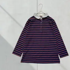 3252【ゴールデンベア】ポロシャツ　七分袖　ネイビー　オレンジ　ボーダー　Ｍ