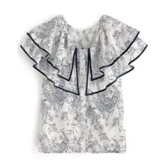 フリル付き花柄シャツ 半袖 ホワイトネイビー