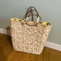 【ほぼ未使用】マレーシア産 カゴバッグ ヤシの木柄