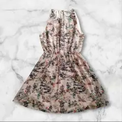 h&mエイチアンドエム 鳥 総柄 和風 ノースリーブ ワンピ 膝丈 S