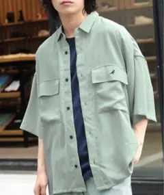 【美品】KANGOL/夏生地CPOシャツ/グリーン系Lサイズ【人気】
